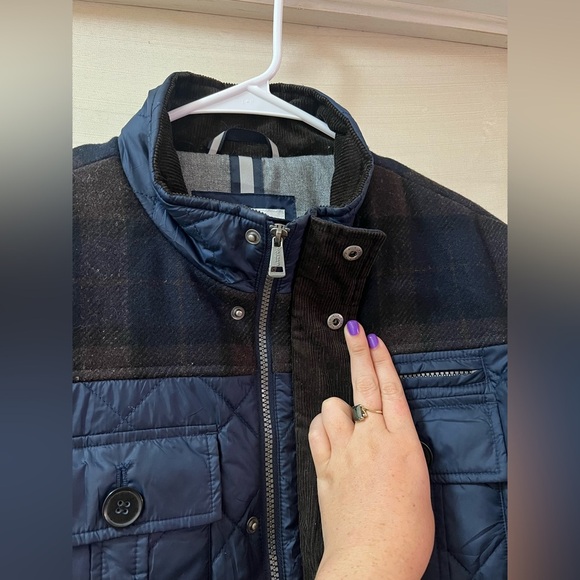 Cole Haan Men's Quilted Blue Jacket With Plaid Accents Size Large Elbow Patches - Picture 3 of 9